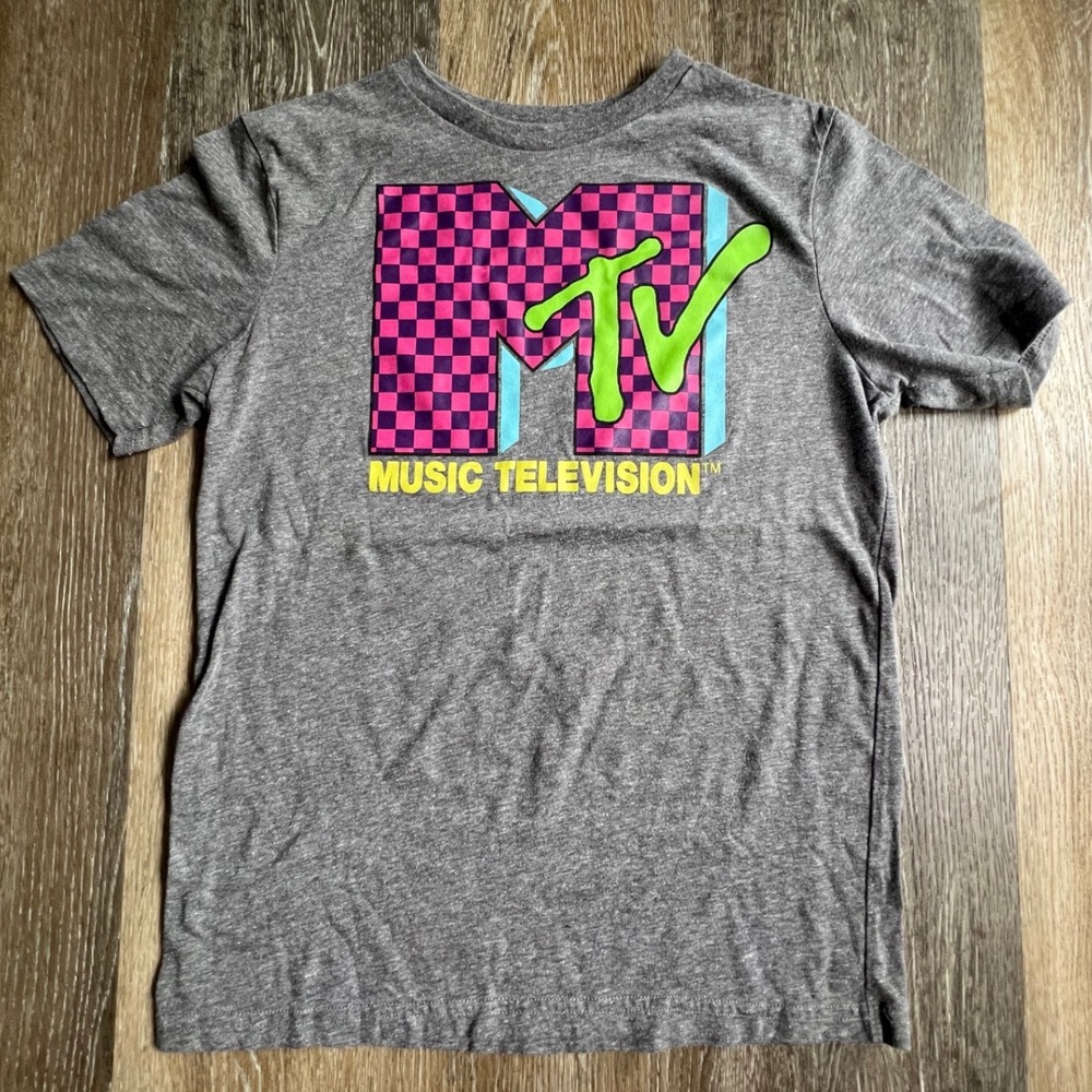 MTV Graphic T-Shirt Boys XL 14/16 Gray Neon Checkered Music Television Logo Tee